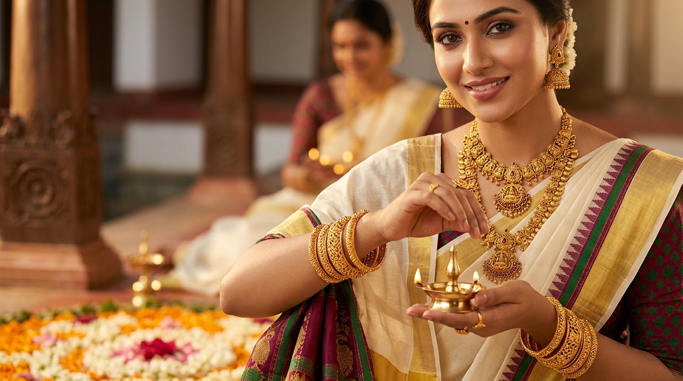 Bridal jewelry and Kerala kasavu