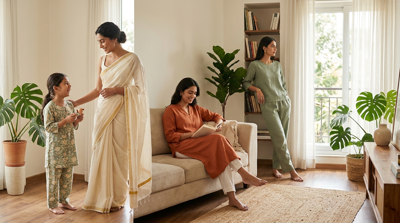 Family in ethnic wear at home